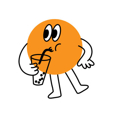 Funny cartoon doodle mascot with bubble tea, vector logo design template and graphic element for advertising, branding, posters,  banners and prints, illustrations, brunch cafe