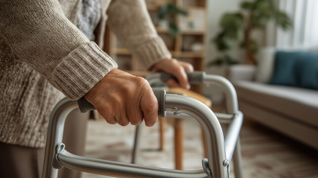 Hands of an elderly woman holding a walker at home, Close-up of a pensioner's hands on the handles of a metal walker, Rehabilitation and mobility assistance for elderly patients, generative ai