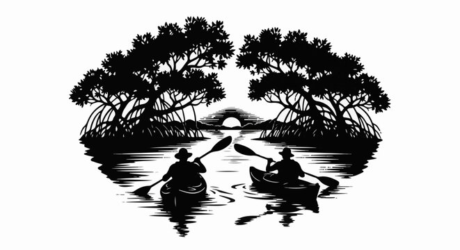 Silhouetted kayakers paddle through a mangrove forest at sunset