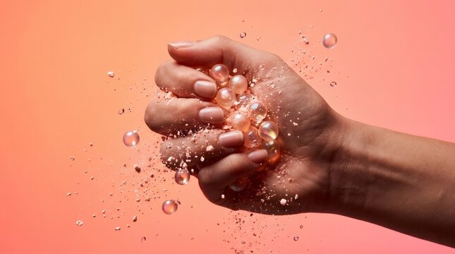 Close up of female hand crushing pink iridescent pearl beads with powder splash for beauty product concept