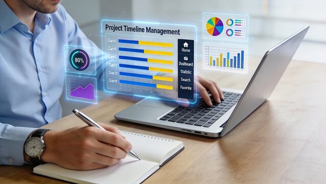 Businessman analyzing project timeline management with holographic charts on laptop screen writing notes in notebook for strategic planning and data visualization