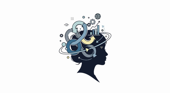 Silhouette of a person's head with flowing abstract shapes and charts within