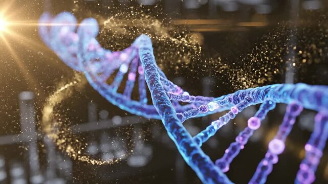 Abstract 3D DNA helix molecule rotating with glowing particles and light flares, representing genetic science and biotechnology