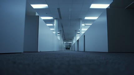 Naklejka premium Empty corporate office corridor featuring rows of cubicles under bright artificial light, creating a sense of solitude and modern architecture in the workplace environment