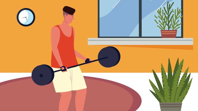 Young man lifting barbell in living room for home workout and fitness routine cartoon animation.