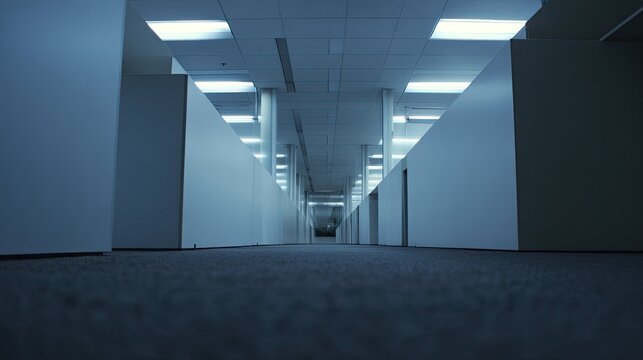 Empty corporate office corridor featuring rows of cubicles under bright artificial light, creating a sense of solitude and modern architecture in the workplace environment