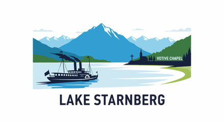Naklejka premium Scenic lake with steamboat, mountains, and chapel under a clear sky