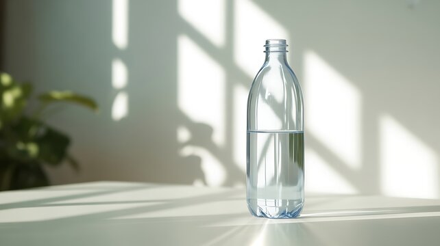  a clear glass water bottle typically used for minimalist photography.