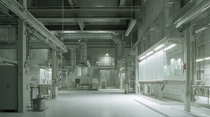Naklejka premium Advanced cleanroom environment featuring extensive pipes, sterile surfaces, and specialized industrial equipment, highlighting precision manufacturing and scientific research in a high tech setting