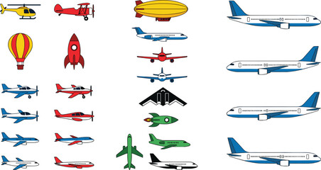 Detailed flat line vector illustration collection featuring lanes, fighter jets, helicopte © MD SOJIB 