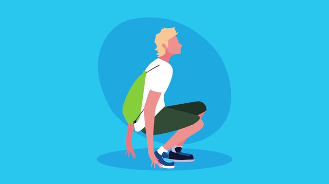 Athletic man in athletic wear performing a squat exercise with green backpack.