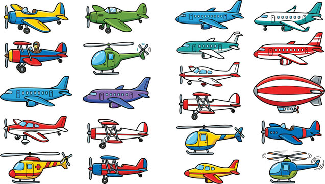 A vibrant collection of cute cartoon style vector illustrations featuring a variety of aircraft including airplanes, helicopters, biplanes, commercial jets, and a blimp isolated on a white background.