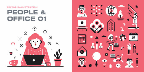 Obraz premium vector illustration of people and office elements pink and red