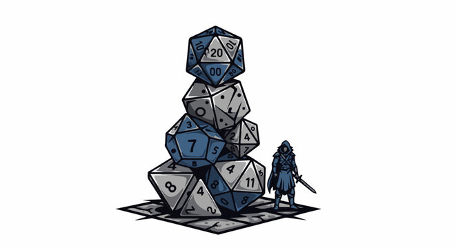 Stacked polyhedral dice beside a hooded warrior with a sword