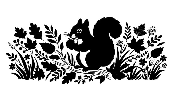 Hand drawn brown squirrel eating nut vector illustration with garden leaves in simple outline style