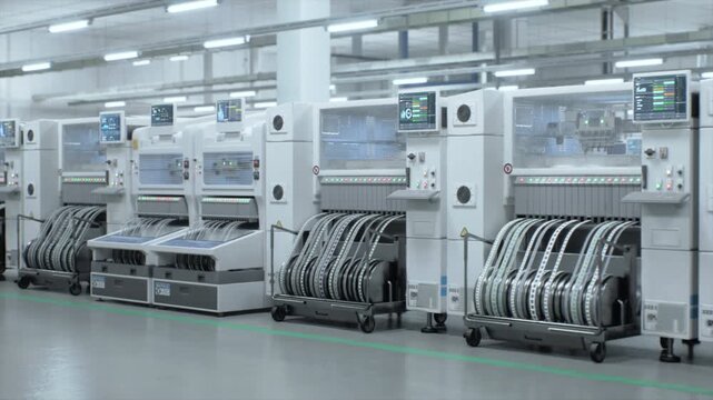 Automated Smt Assembly Machines Operate in a Semiconductor Factory, Feeding Smd Parts From Reel Systems While Control Screens Guide Precise Pcb Circuit Board Placement in a Clean Plant Interior.