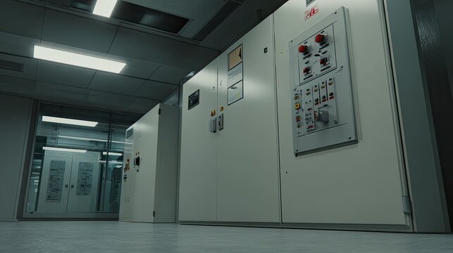 Electrical control panels and switchgear filling a low angle view of a modern industrial server room, emphasizing power management and technology infrastructure