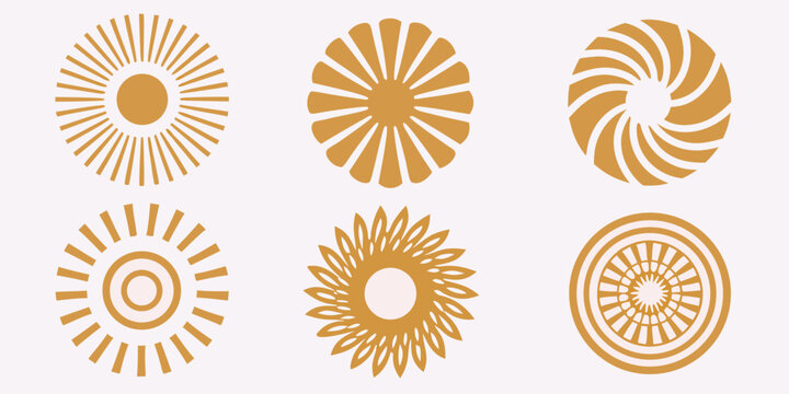 Golden spiral logos set of six abstract sunburst designs