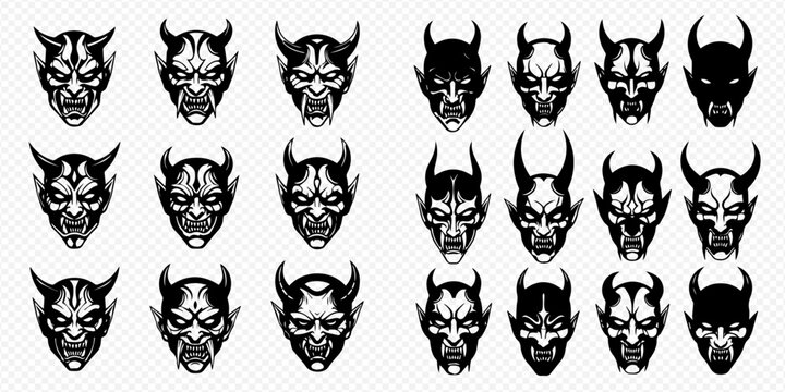 Set of black and white horned demon faces, evil devil masks, and monster heads with sharp teeth and menacing expressions.