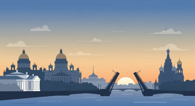 Saint Petersburg skyline at sunset, drawbridge in center, river view