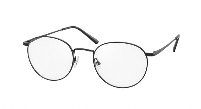 Black metal frame round glasses with clear lenses isolated on a solid black background for optical fashion and vision correction