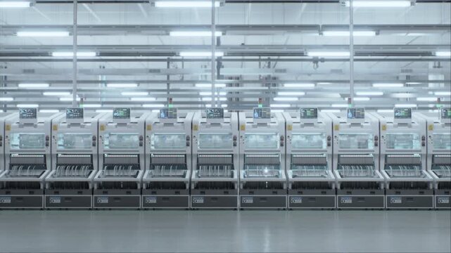 Wide Smt Assembly Line Runs in a Clean Semiconductor Factory, Where Synchronized Pick and Place Equipment, Reel Feeder Units, and Digital Monitors Position Pcb Components With No People.