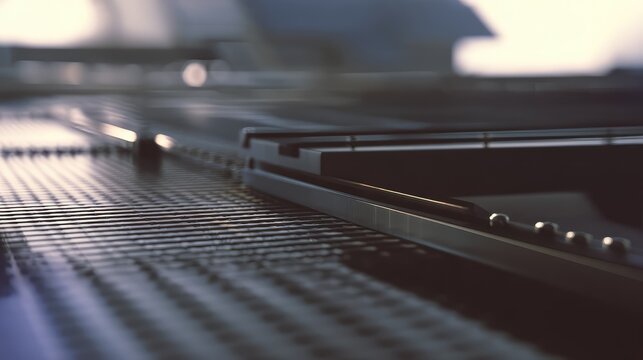 Industrial conveyor belt mechanism moving on a production line, illustrating concepts of manufacturing, technology, factory automation, and modern industry process