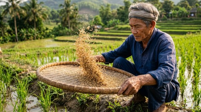 Elderly Asian man tossing rice grains from bamboo tray in terraced paddy fields. Traditional harvest activity in rural mountain village. Sustainable farming and cultural heritage in Asia.