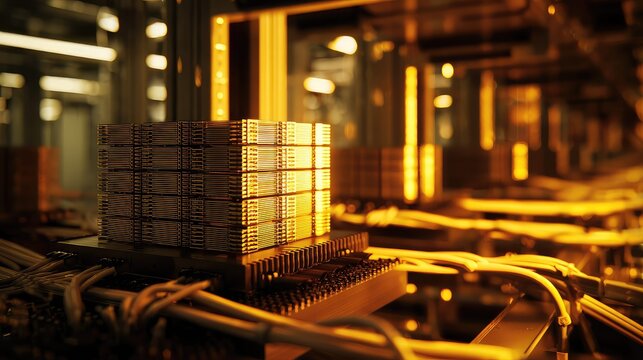 Glowing golden light illuminates an advanced supercomputer system inside a futuristic data center, showcasing powerful high speed hardware, connectivity, and modern digital infrastructure
