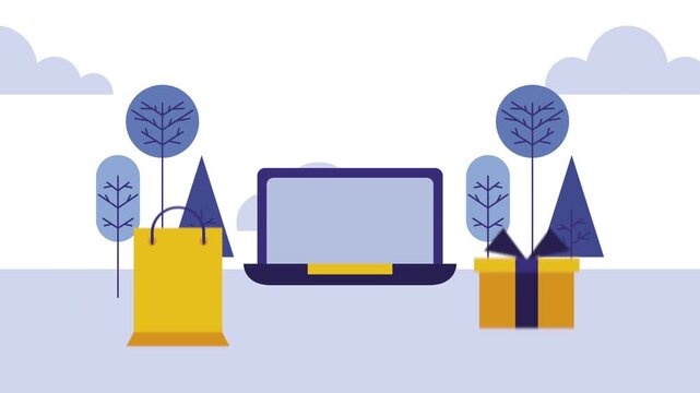 Online shopping animation with laptop computer shopping bag and gift box in outdoor park background.