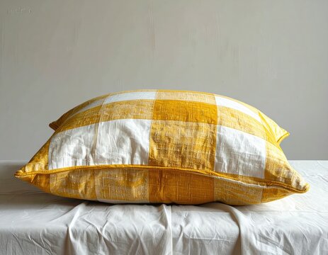 Yellow and white checked pillow on white cloth