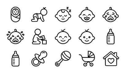 Cute baby icon set black and white infant toddler vector collection