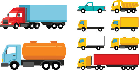 Flat vector illustration set of diverse commercial transport vehicles including heavy semi trailers fuel tankers dump trucks and pickup trucks for logistics graphic design projects. © MD SOJIB 