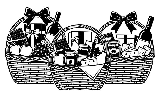 Gift basket hamper vector black and white wicker basket set