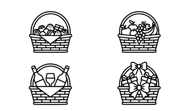 Gift basket icon set black and white hamper vector collection