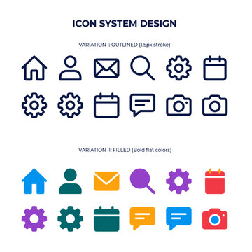 Modern user interface icon system design showcasing a versatile collection of essential digital symbols in both clean outlined and vibrant filled variations, perfect for web and app development