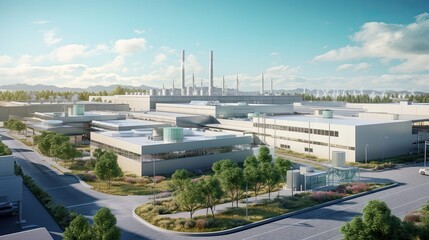Naklejka premium Modern factory complex with multiple buildings and green spaces, demonstrating sustainable industry practices and renewable energy sources like wind turbines and power plants in the background