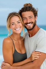 Fototapeta premium Happy young couple smiling and embracing on a sunny tropical beach vacation