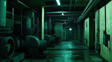 Fototapeta premium Industrial basement featuring heavy machinery, exposed pipes, and a wet concrete floor, illuminated by fluorescent lights creating an eery green glow in the underground space