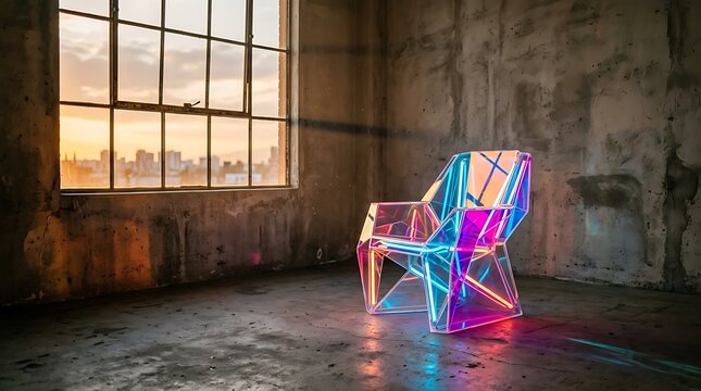 Modern colorful transparent plastic chair with geometric design in a dark industrial room with bright window light