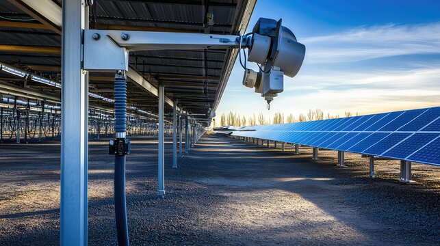 Robotic cleaner moving along the underside of a large commercial solar panel array, capturing dust and debris to maintain optimal energy production for sustainable power generation