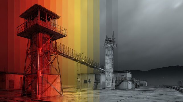 Observation tower watching over a deserted perimeter, illustrating the concept of surveillance, security, control, and a significant transition from vibrant color to monochrome
