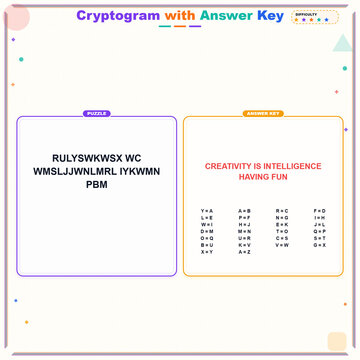 Cryptogram puzzle with answer key displaying creative quote  