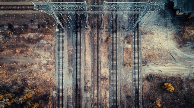 Multiple parallel railroad tracks forming a complex transportation network with overhead power lines, showcasing infrastructure for travel and industry