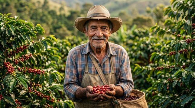 Elderly man harvesting red coffee cherries in lush plantation. Joyful farmer smiling with basket of beans on lap. Traditional tropical agriculture and sustainable farming concept.