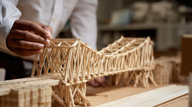 Back to school STEM science lab project features detailed wooden bridge model built with precision and care in creative learning environment