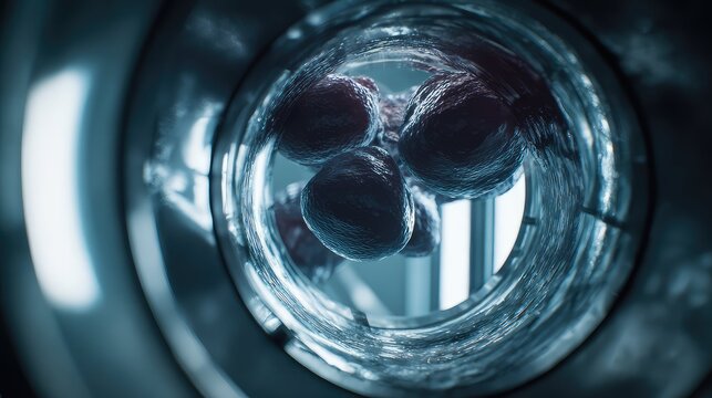 Microscopic biological cells floating and multiplying inside a clear liquid in a futuristic glass test tube, symbolizing scientific research, disease, and medical innovation