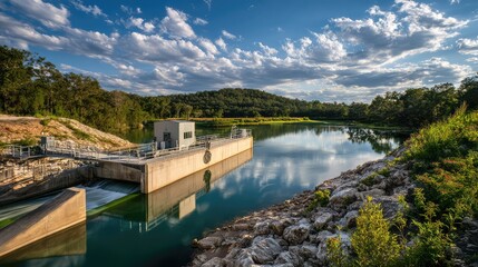 Fototapeta premium Dam structure with a building on top creating a tranquil reservoir, reflecting the sky and clouds, surrounded by lush green trees and natural landscape under a bright sunny day