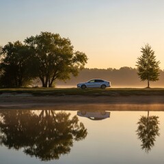 Fototapeta premium Car on waterside road at sunrise with tree reflections tranquil scene