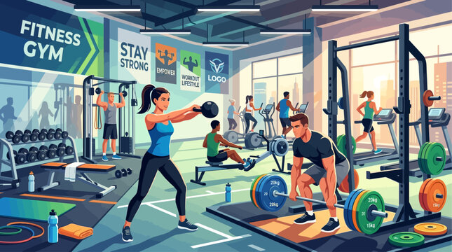 People working out in a gym with weights and equipment